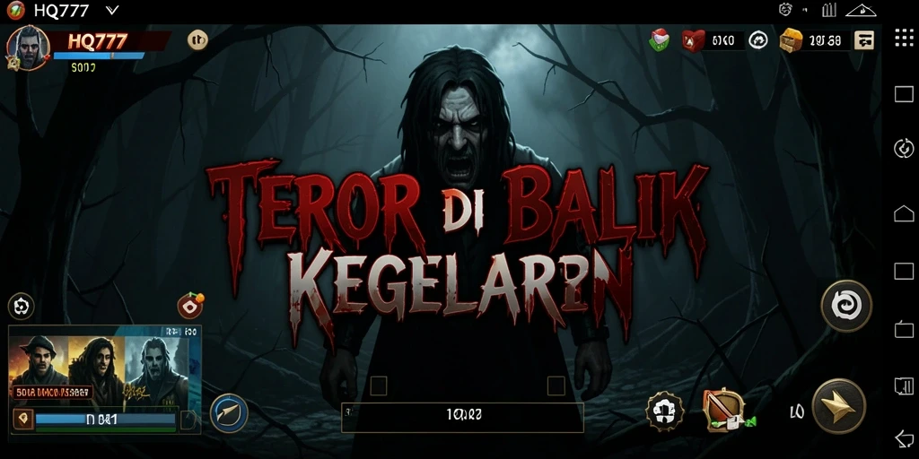 Screenshot gameplay menegangkan dari HQ777 dengan suasana horror.