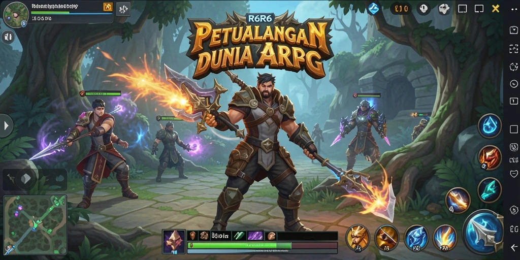 Tampilan gameplay R6R6 dengan pertarungan epik dalam dunia fantasi.